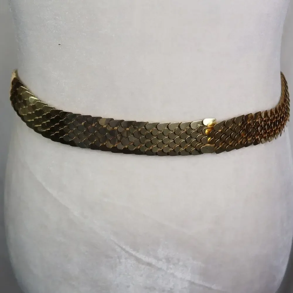 Vintage 80s Gold Metal Fish Scale Stretchy Waist Belt